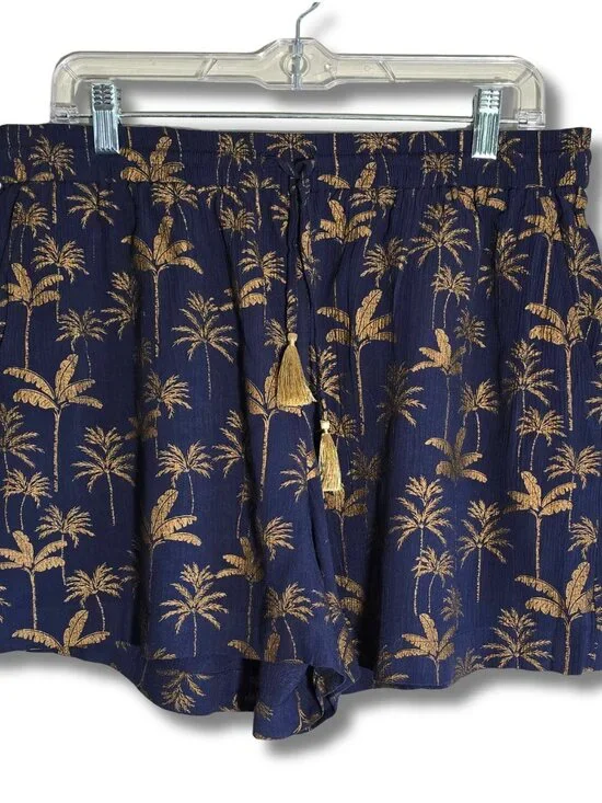 Boden Women's Size 10 Navy Golden Palm Tree Print Drawstring Shorts - Picture 2 of 6